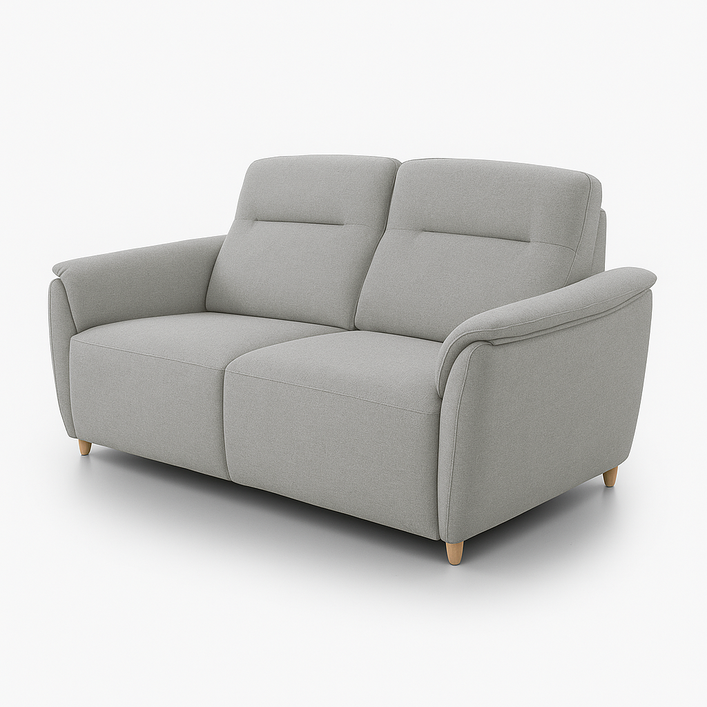 canapé convertible gris clair vue de biais sur fond blanc