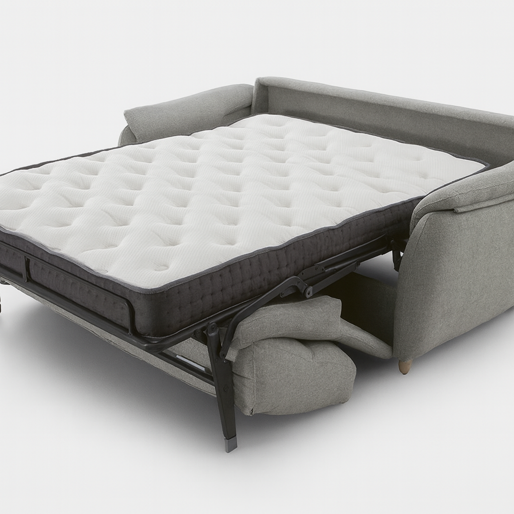 canapé convertible gris clair en position ouverte sur fond blanc