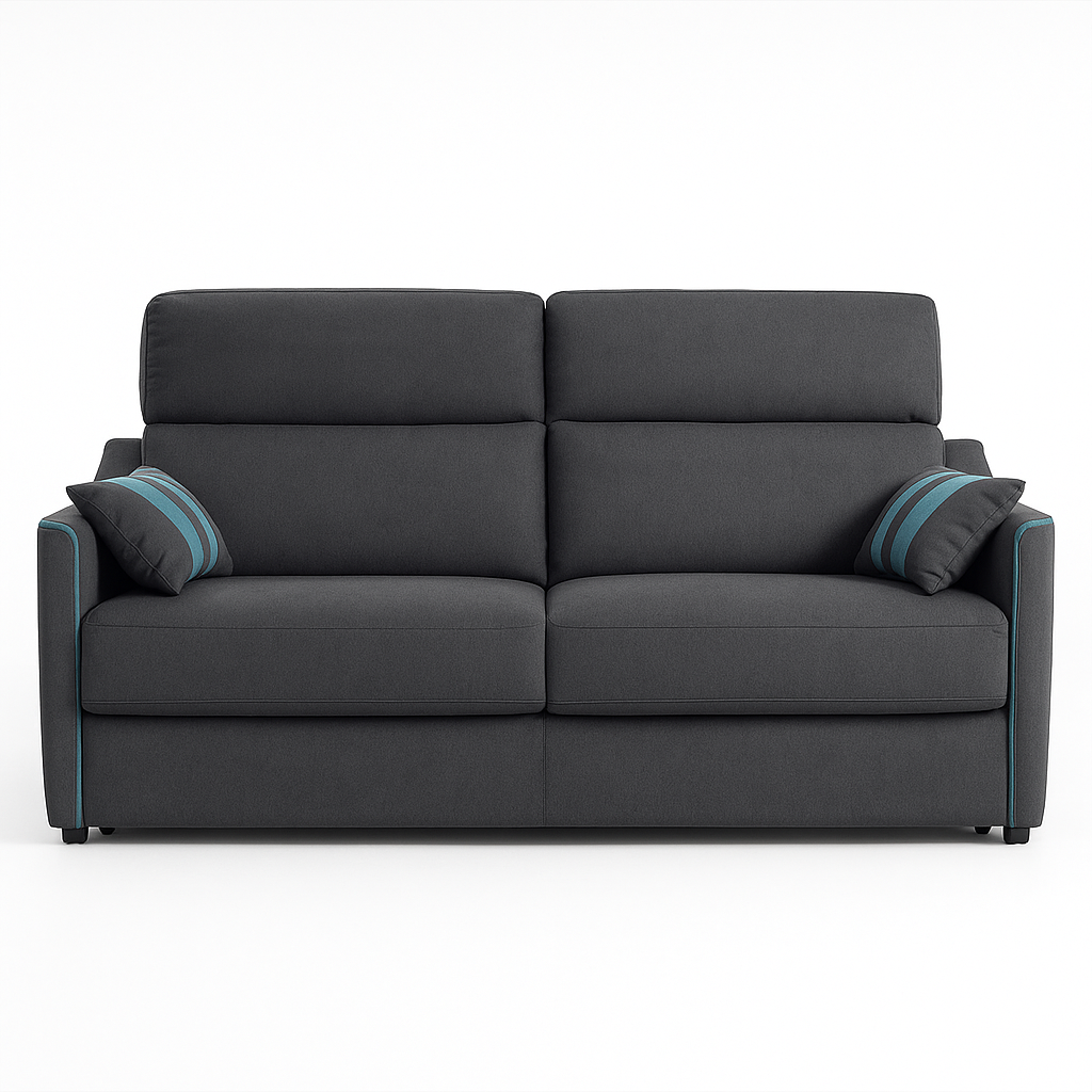 Canapé 3 places convertible Elisa – vue de face – tissu gris anthracite – pieds polycarbonate noir