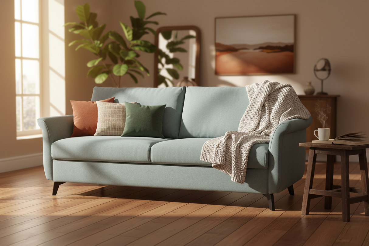 canapé convertible rapido 3 places tissu bleu clair Fannie couchage quotidien