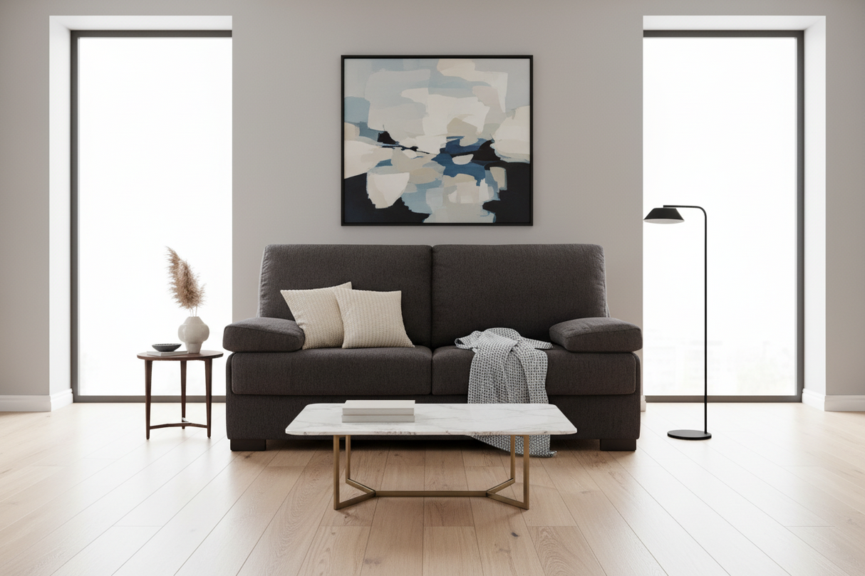 Canapé convertible rapido 3 places Taha – vue de face – tissu anthracite – pieds métal noir mat