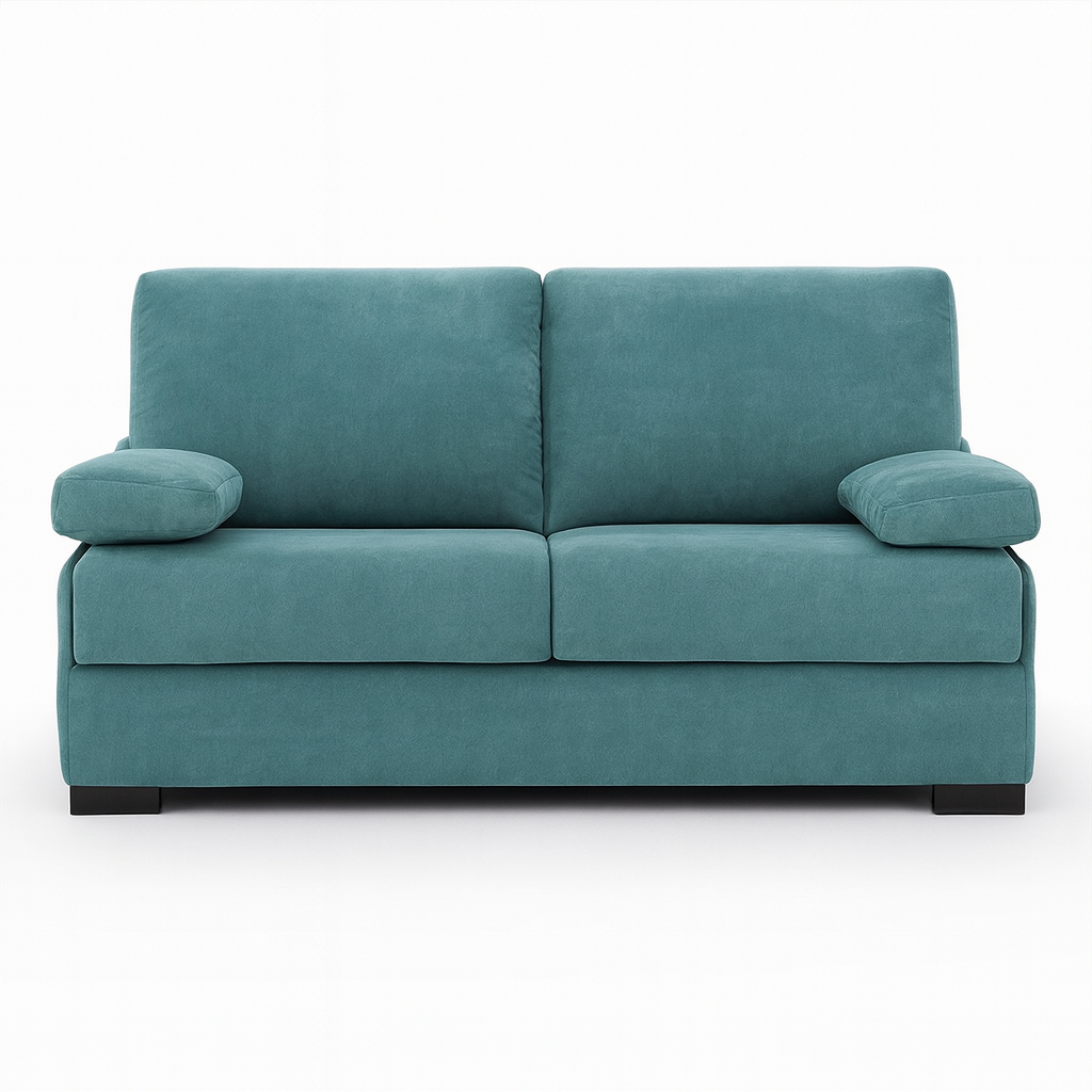 Canapé convertible rapido 3 places Taha – vue de face – tissu bleu – pieds bois wengé