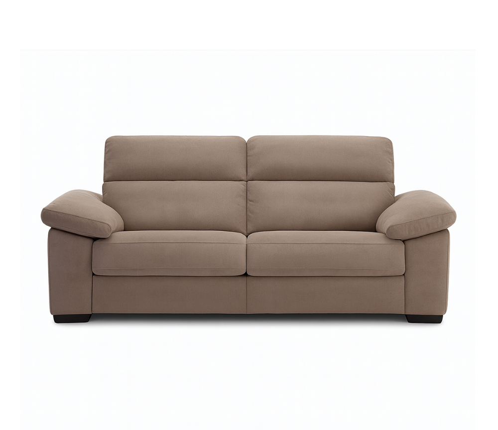 Canapé 3 places convertible Patricia – vue de face – tissu taupe – pieds métal chromé