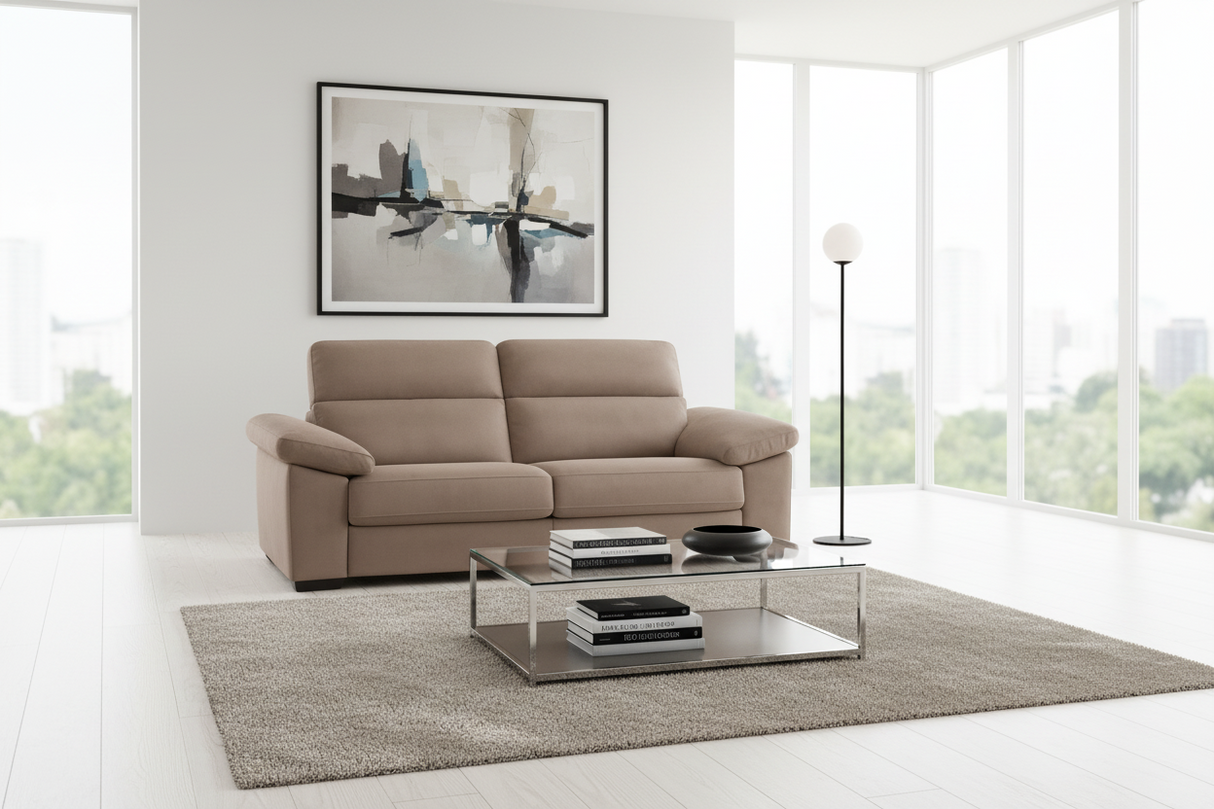 Canapé 3 places convertible Patricia – vue de face – tissu taupe – pieds métal chromé