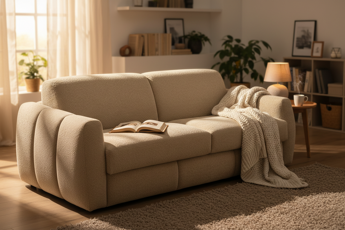 canape convertible beige en tissu bouclette dans un salon contemporain