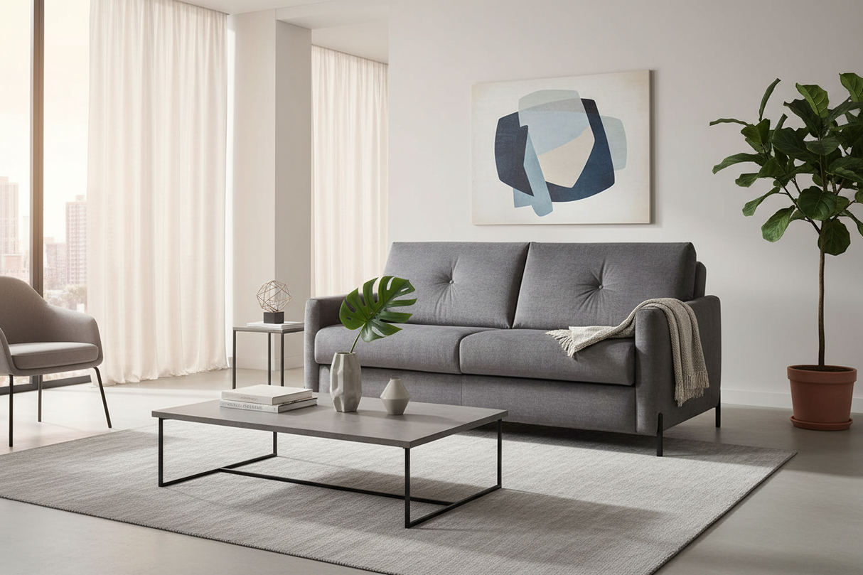 Canapé convertible velours gris dans salon contemporain