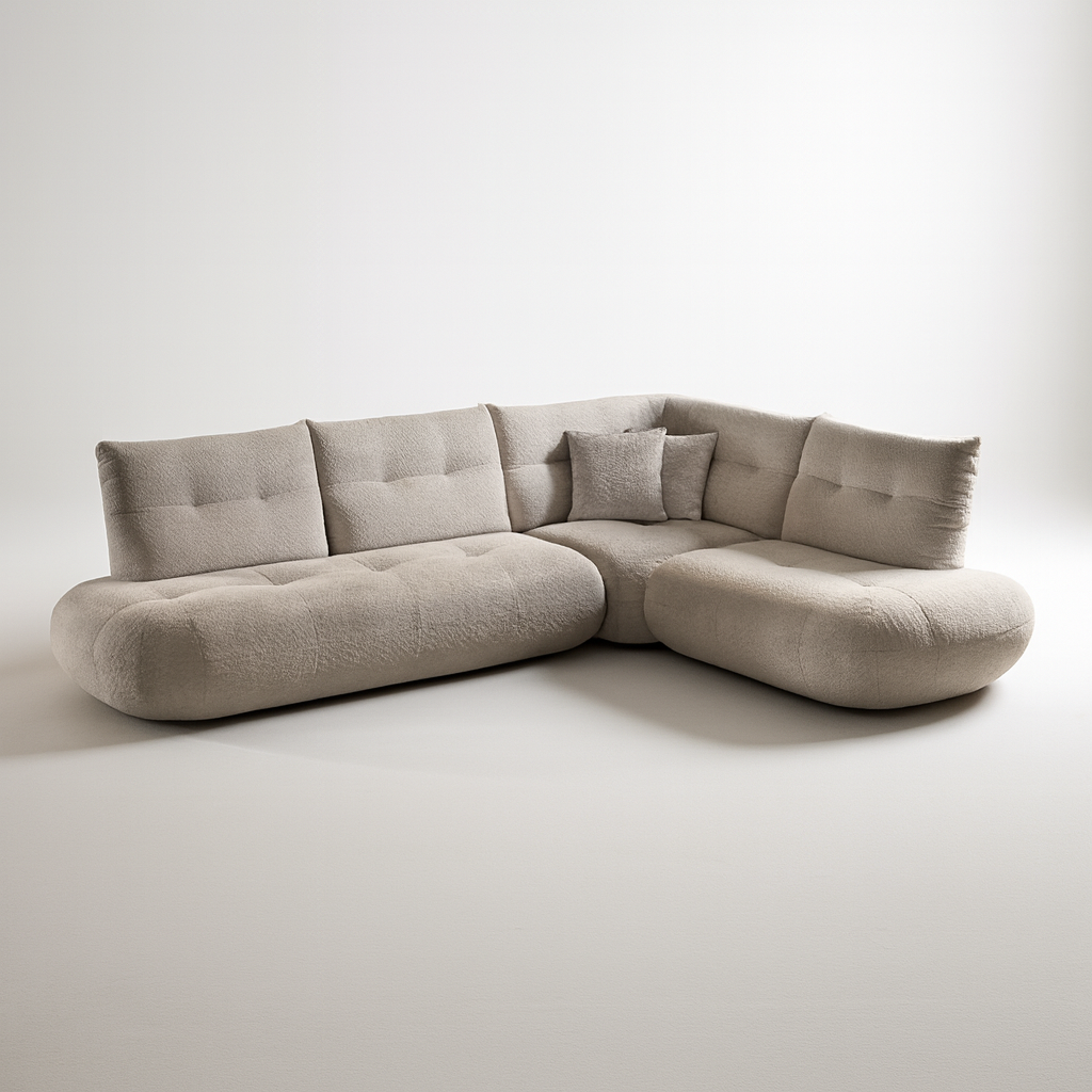 Canapé d’angle beige arrondi en velours Moony – design contemporain haut de gamme par Souffle d’Intérieur