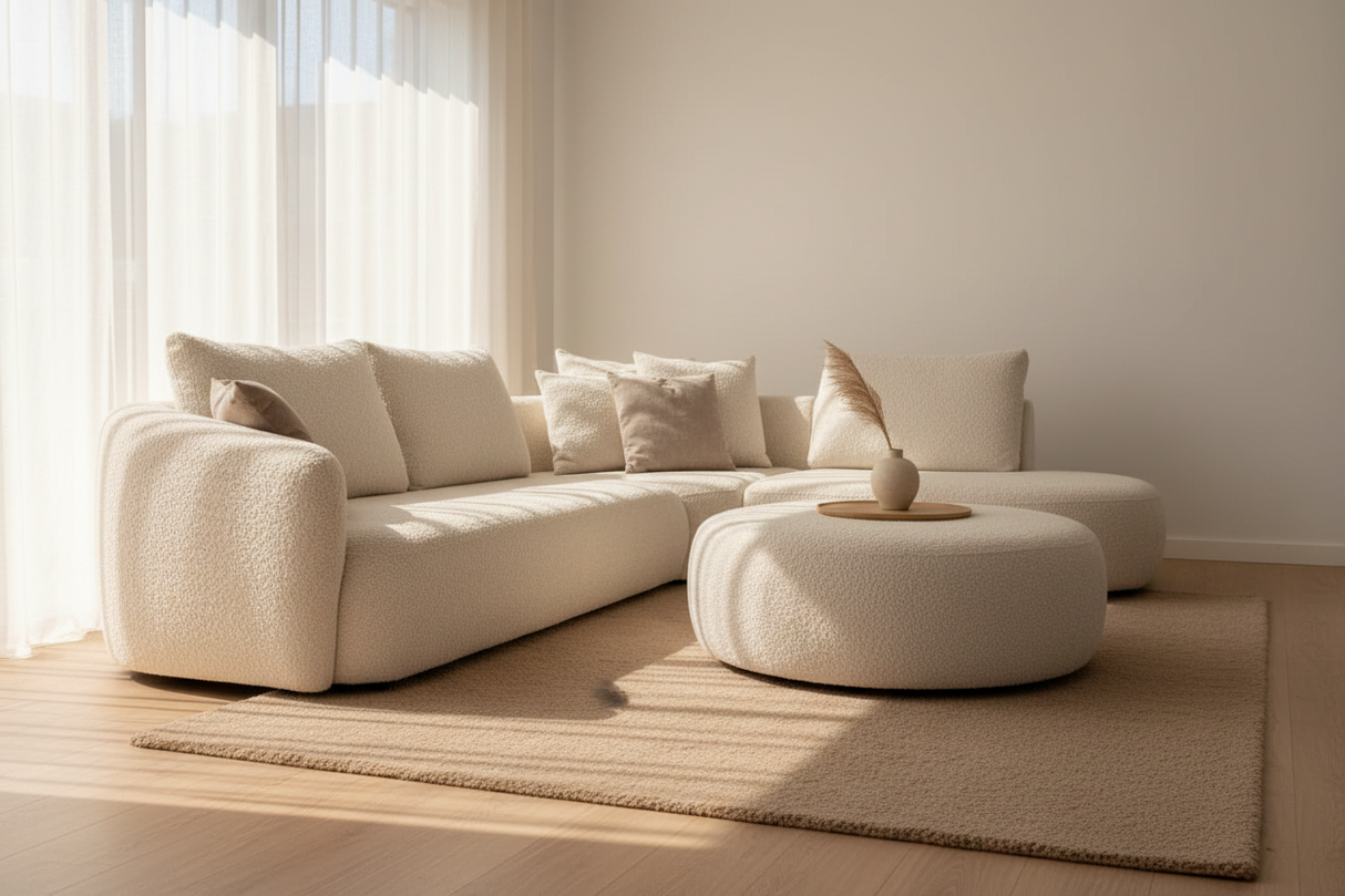 Canapé d'angle beige en tissu bouclette design - Souffle d'intérieur