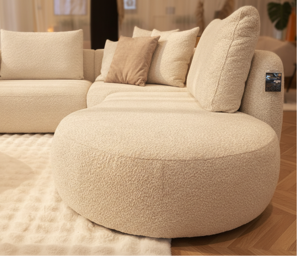 Canapé d'angle beige en tissu bouclette design - Souffle d'intérieur
