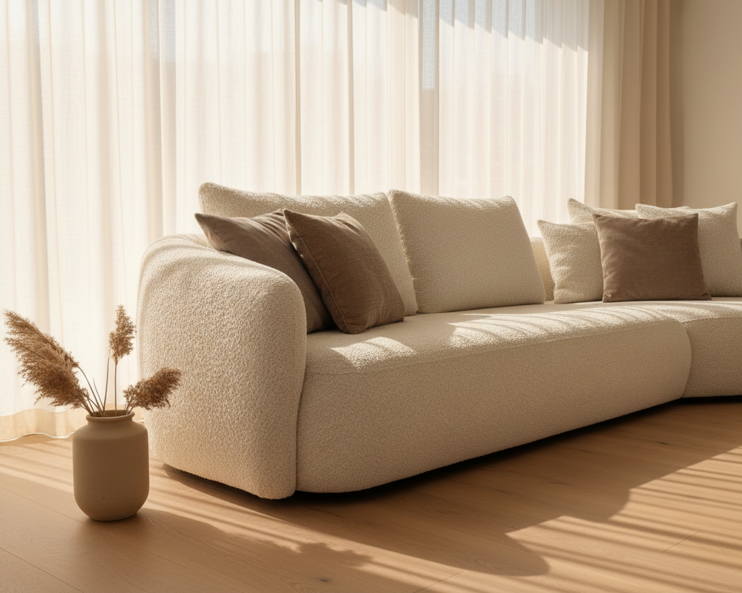 Canapé d'angle beige en tissu bouclette design - Souffle d'intérieur