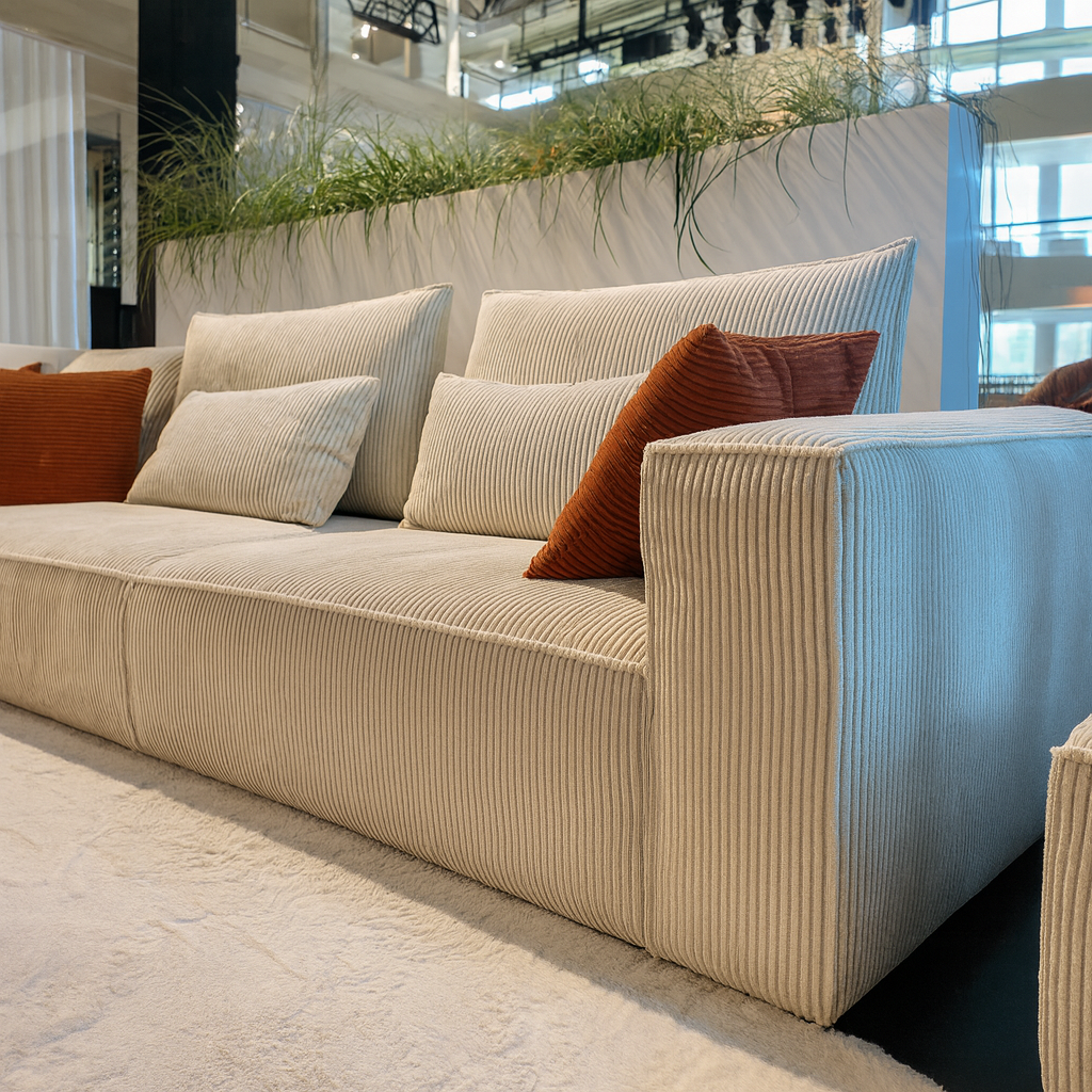 Zoom sur l'accoudoir d'un canapé d'angle velours côtelé beige dans le magasin de meuble à Yerres