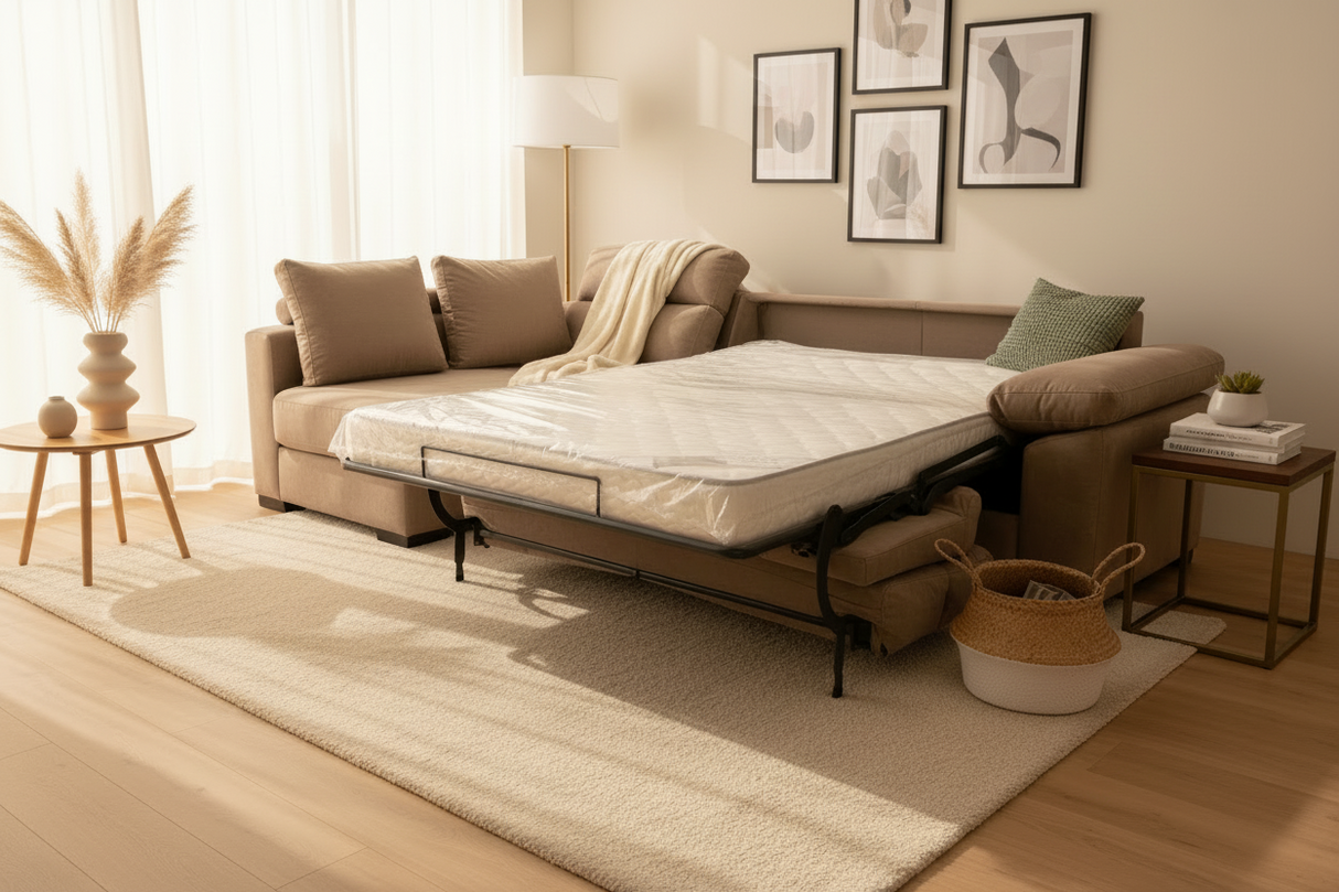 Canapé d'angle convertible rapido Lea en situation – salon – méridienne à gauche – vue 3/4 – ouverte