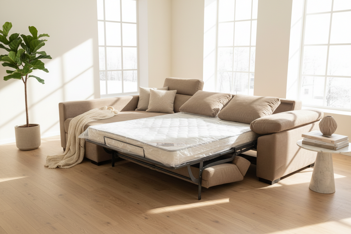 Canapé d'angle convertible rapido Lea en situation – salon – méridienne à gauche – vue de face – ouverte