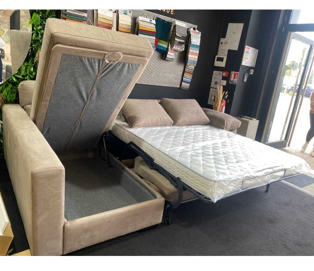 Canapé d'angle convertible Lea – méridienne à gauche – système rapido – ouvert – tissu