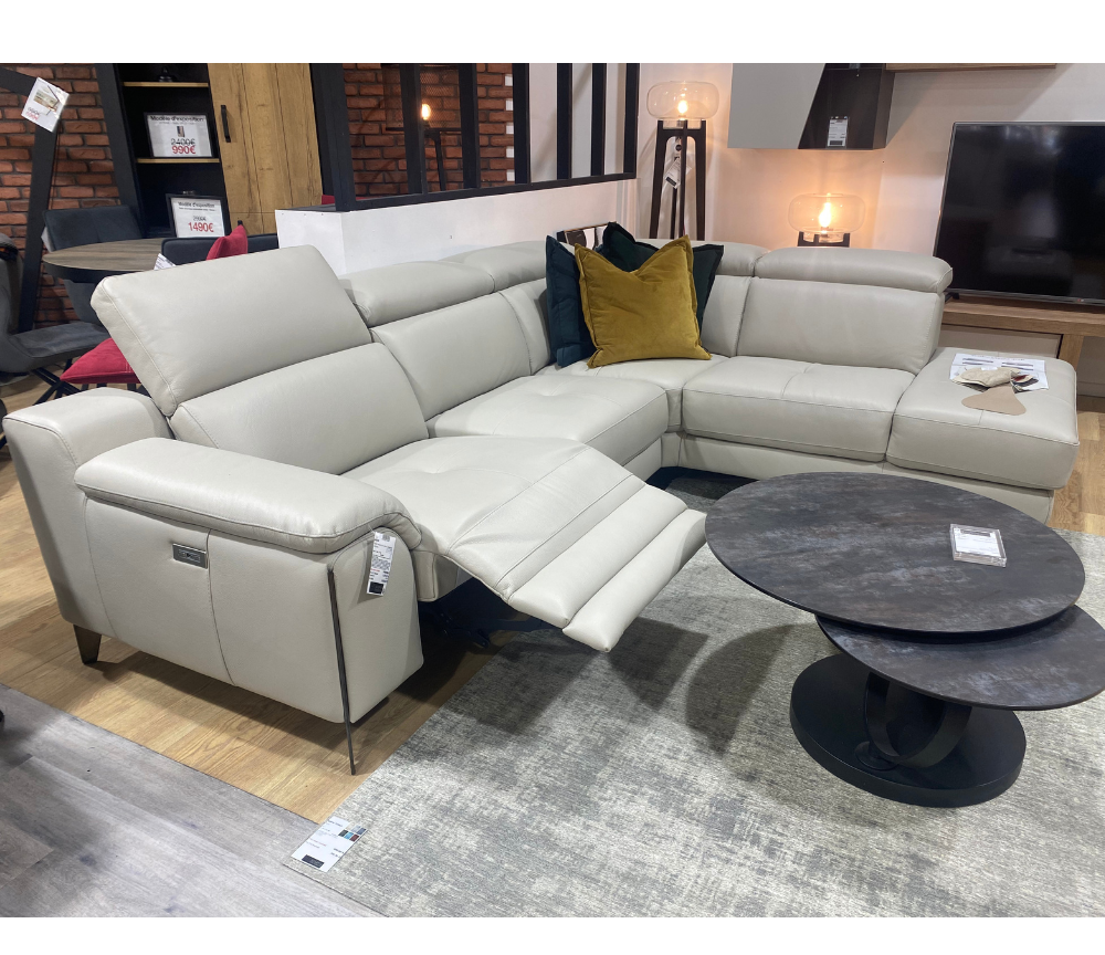 Canapé d'angle relaxation électrique en cuir gris 280 x 233cm - Ariane