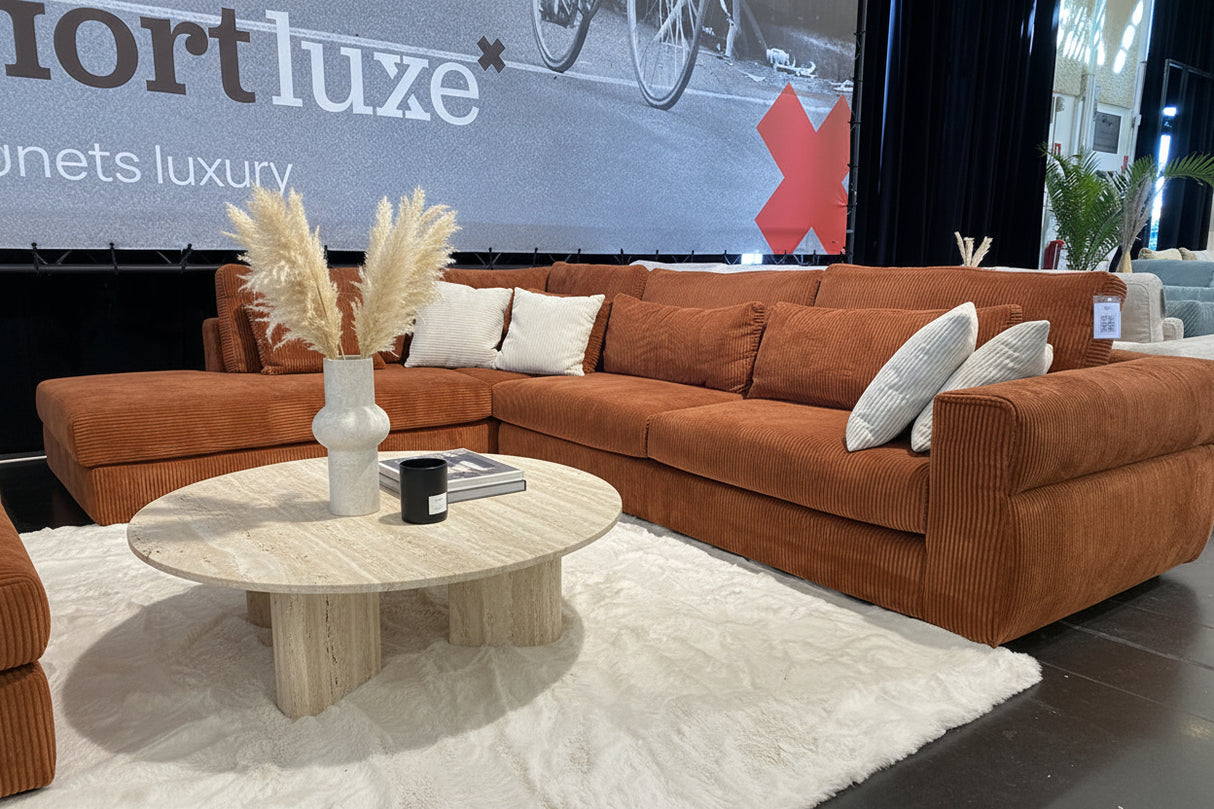 Canapé d'angle en velours cotelé brique terracotta - Confortluxe - Souffle d'intérieur