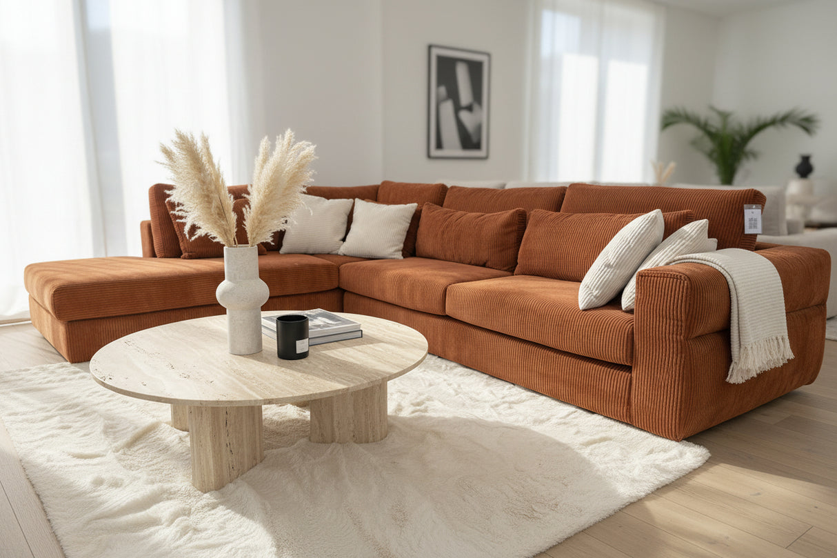 Canapé d'angle en velours cotelé brique terracotta - Confortluxe - Souffle d'intérieur