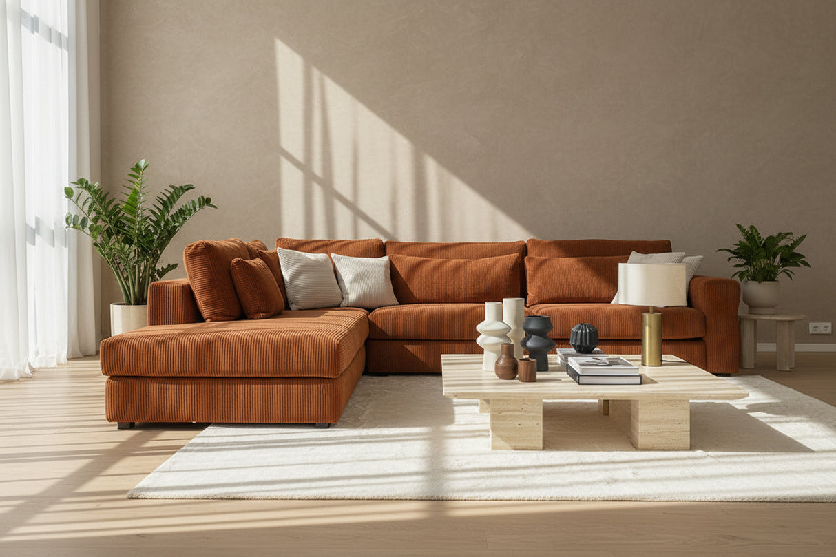 Canapé d'angle en tissu brique terracotta - Confortluxe - Souffle d'intérieur