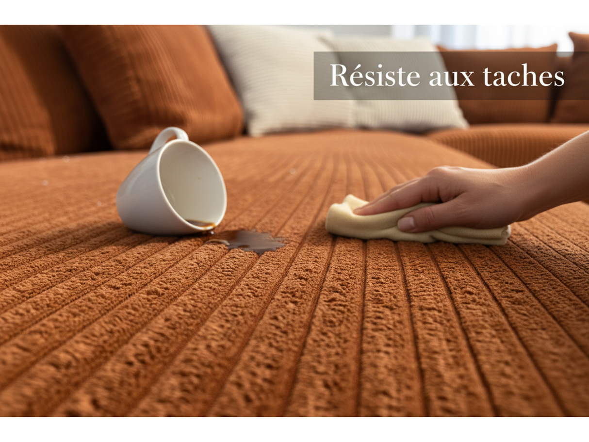 Canapé d'angle en velours cotelé brique terracotta - Confortluxe - Souffle d'intérieur