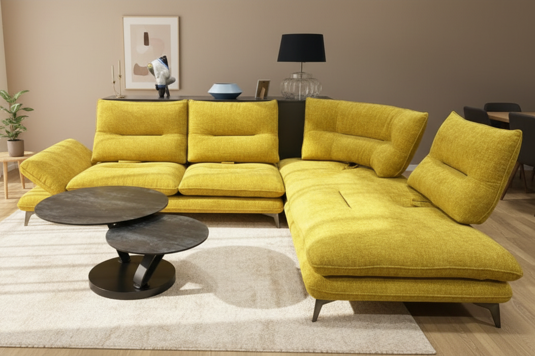 Canapé Libra d'angle jaune moutarde - vue rapprochée dossiers avance-recule modulables