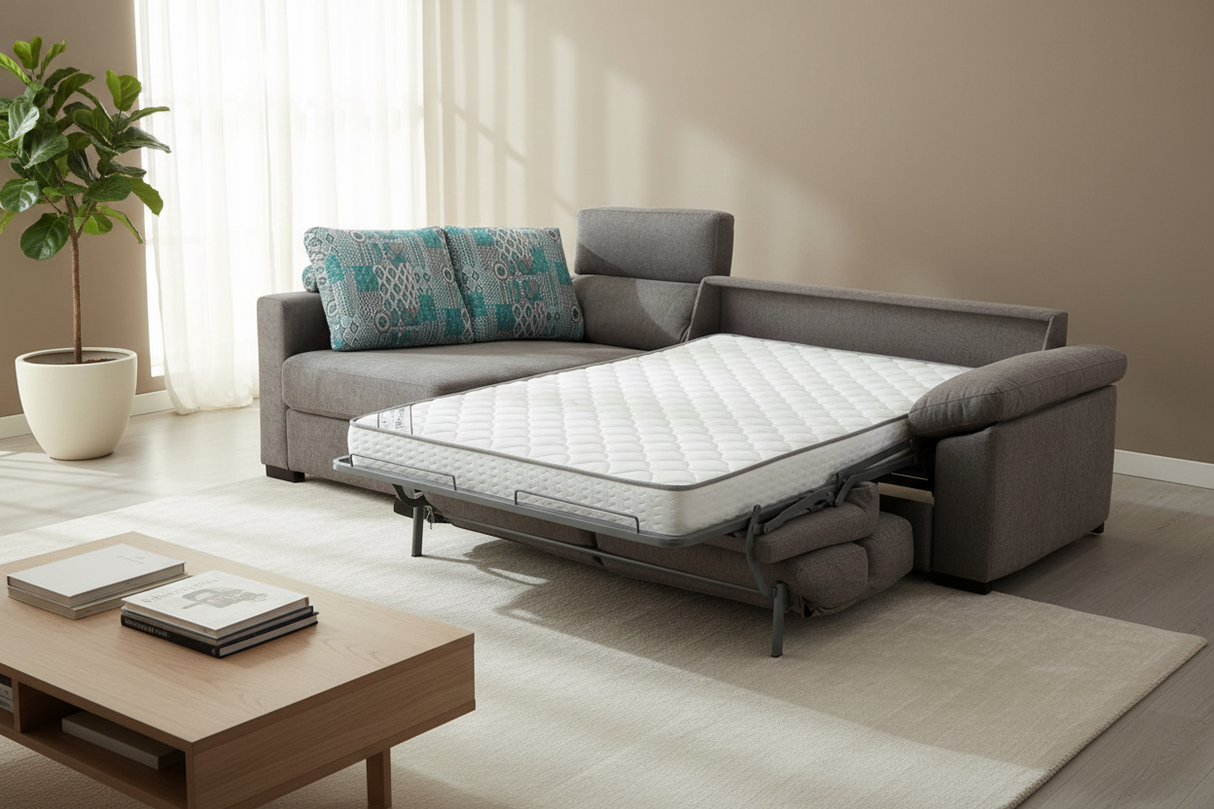 Canapé d'angle convertible Lea – méridienne à gauche – système rapido – ouvert – tissu