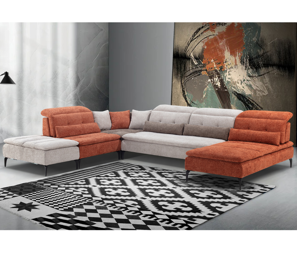 Canapé d'angle modulable gris beige ocre panoramique en tissu 384 x 262cm - Looper