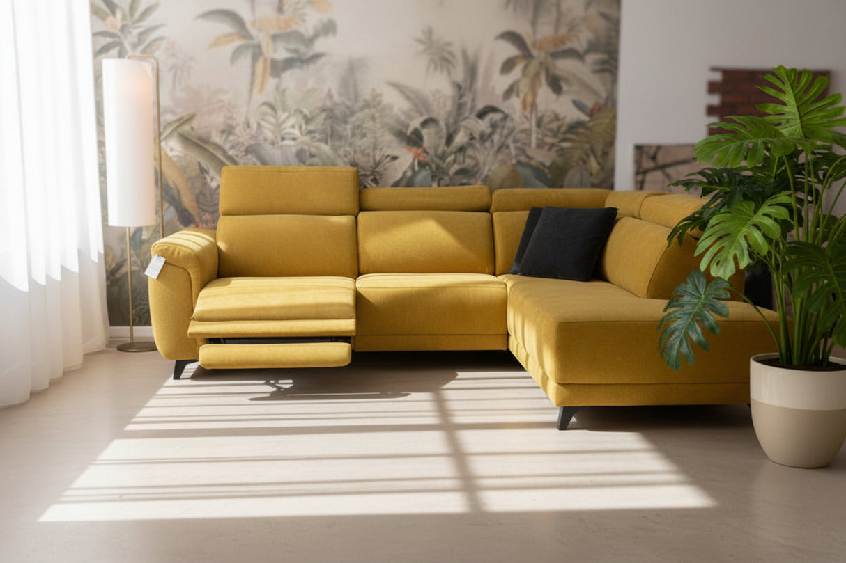 canapé d'angle relax tissu jaune moutarde design confortable - Souffle d'intérieur