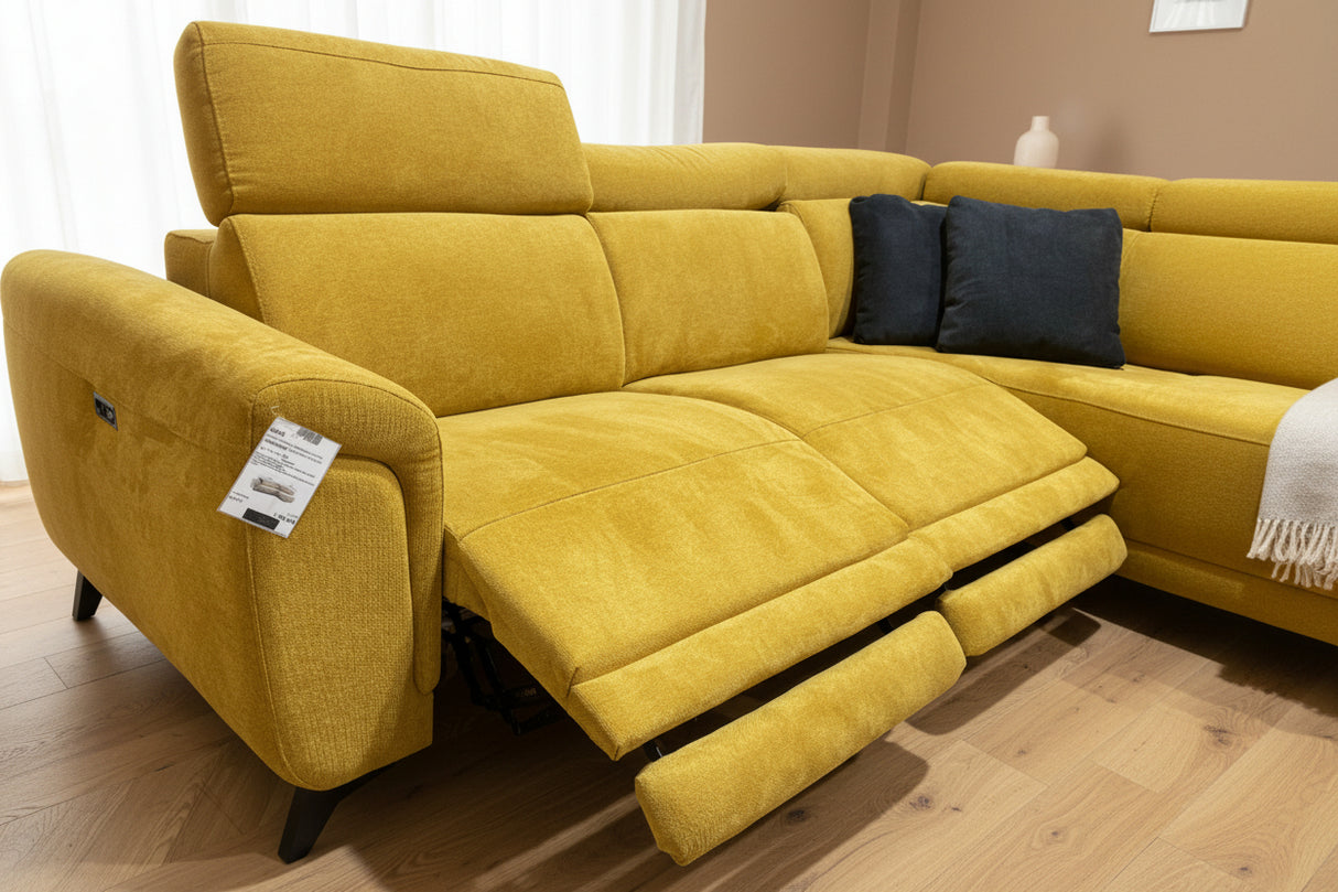 canapé d'angle relax tissu jaune moutarde design confortable - Souffle d'intérieur