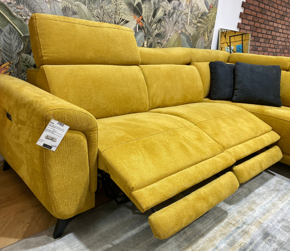 Canapé d'angle tissu jaune moutarde méridienne 2 relaxations 281 x 200cm - Cassia