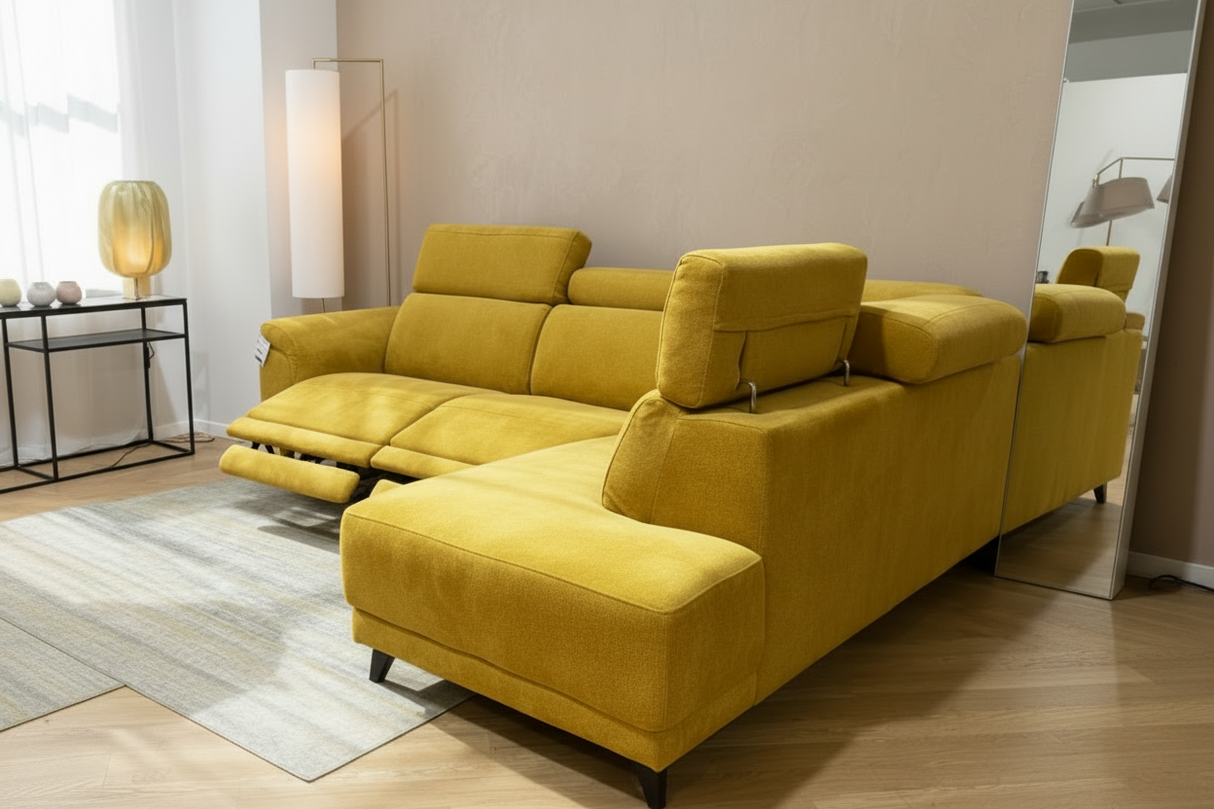 canapé d'angle relax tissu jaune moutarde design confortable - Souffle d'intérieur