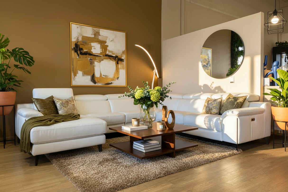 Showroom luxueux ambiance golden hour