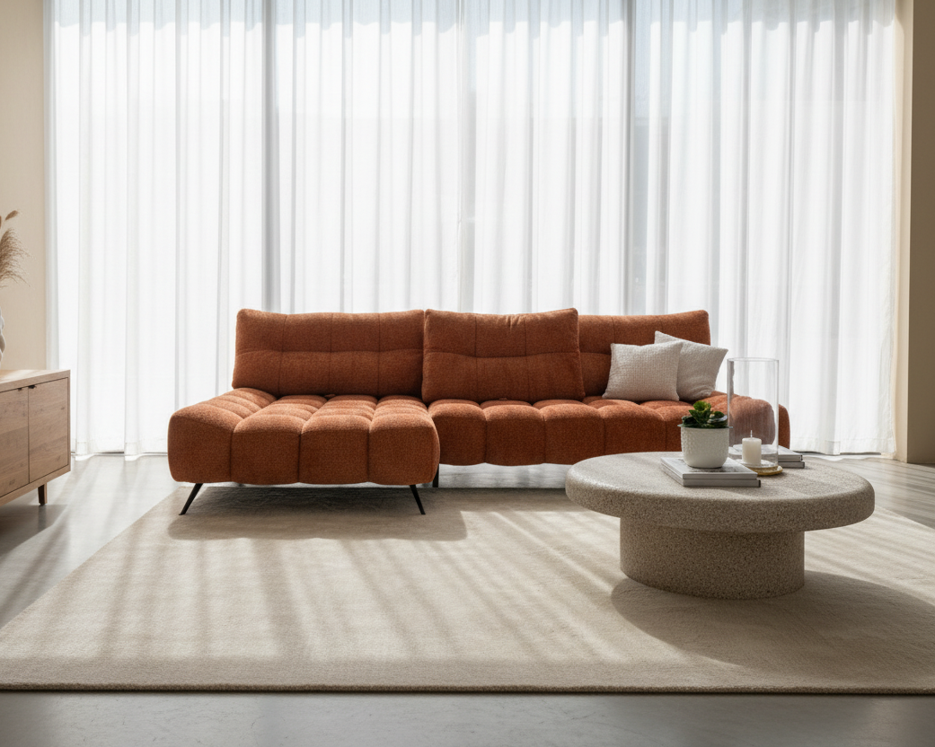 Canapé d'angle terracotta avance-recule design moderne