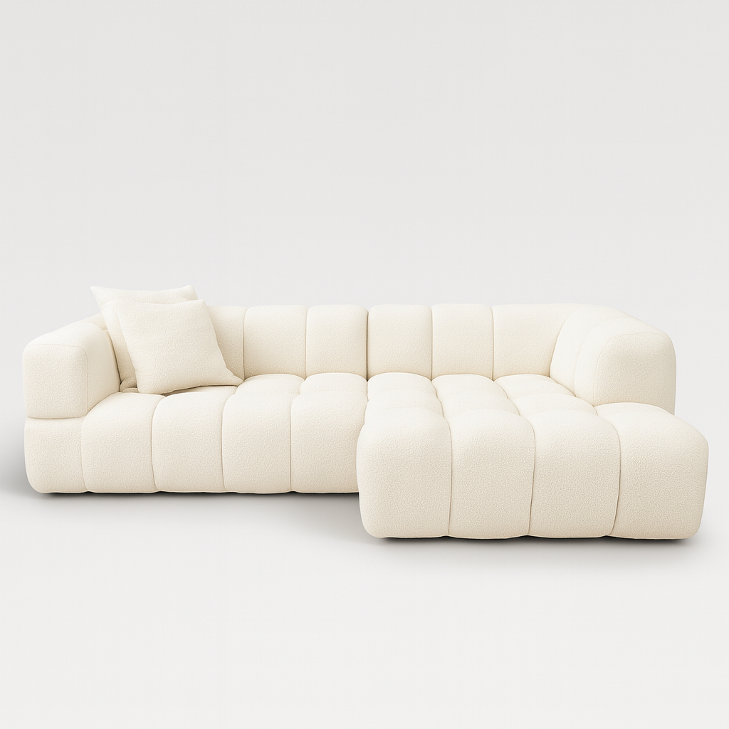 Canapé d’angle vert arrondi matelassé Vida – design moderne Souffle d’Intérieur