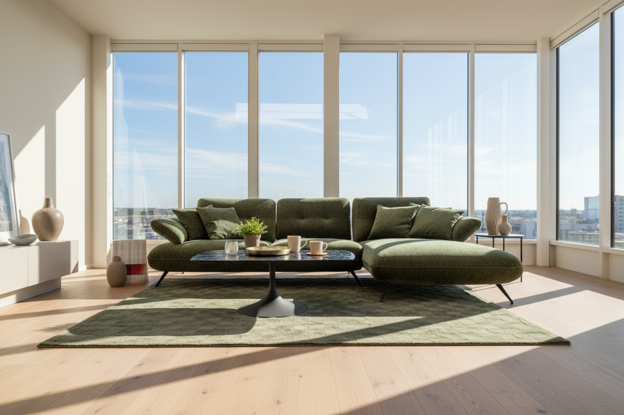 Canapé d'angle modulable vert avec méridienne et dossiers avance recule Mayni