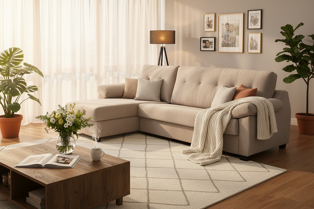 Canapé d’angle convertible Billy en tissu beige, design moderne et élégant, assise moelleuse et piètement bois massif.