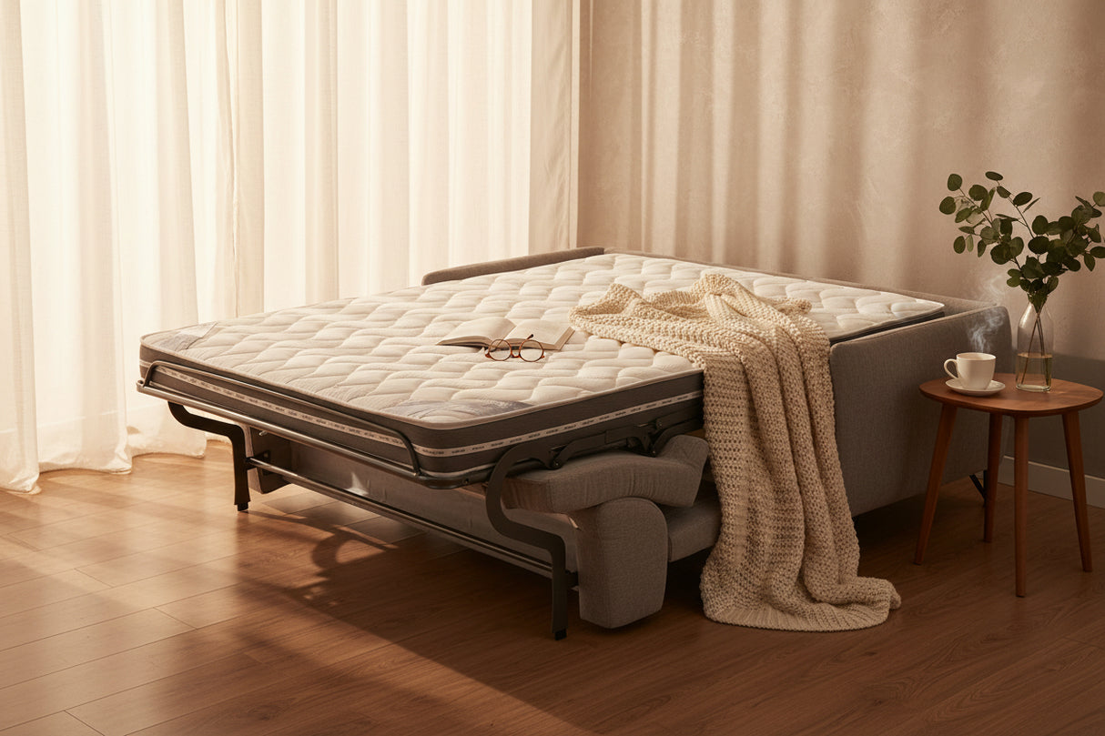 canapé lit gris ouvert