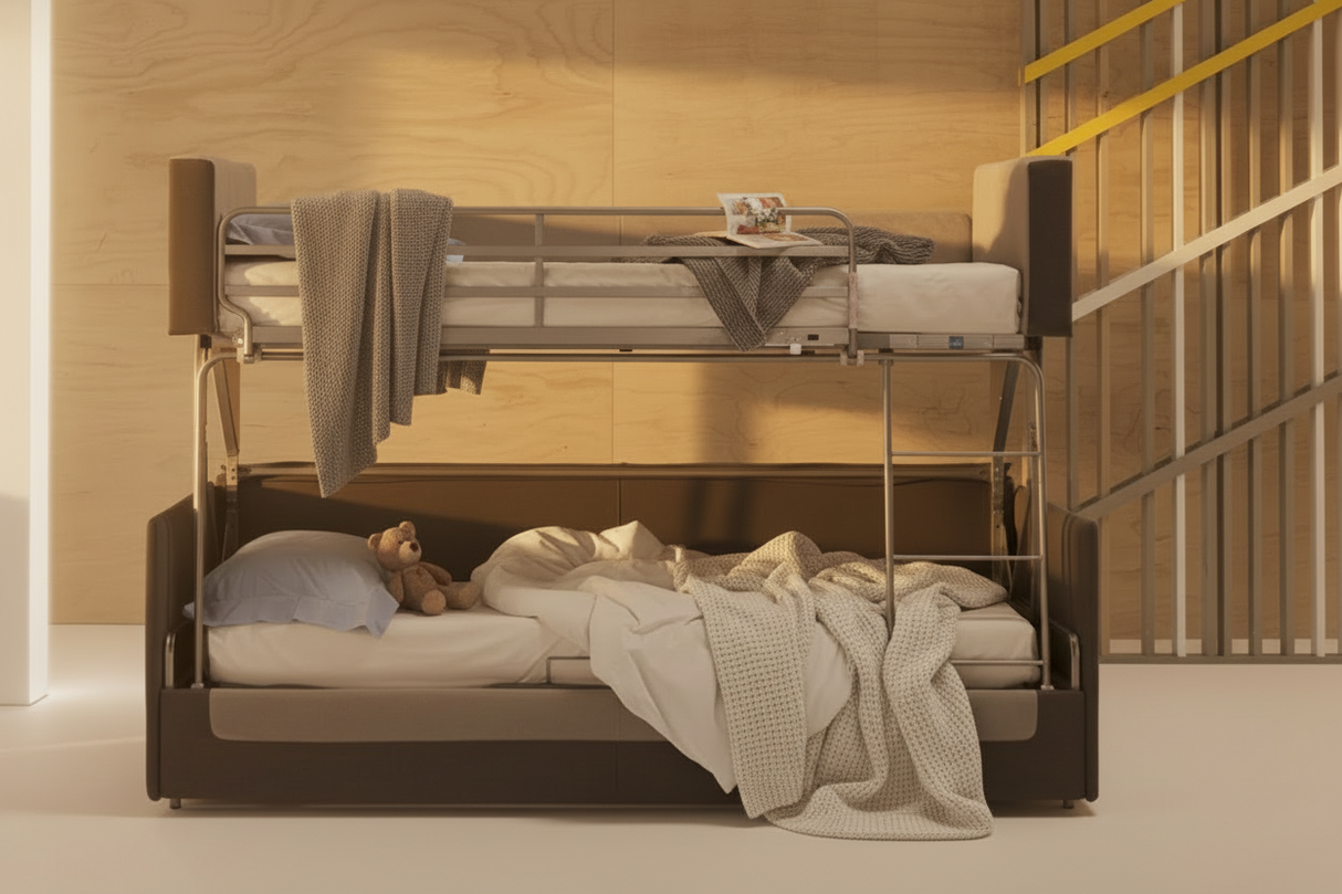 Canapé lit superposé design en position canapé, tissu haut de gamme grise, Souffle d’Intérieur