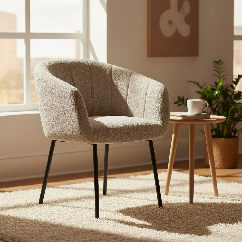 Fauteuil de table à manger beige en tissu bouclette pieds métal noir - Souffle d'intérieur