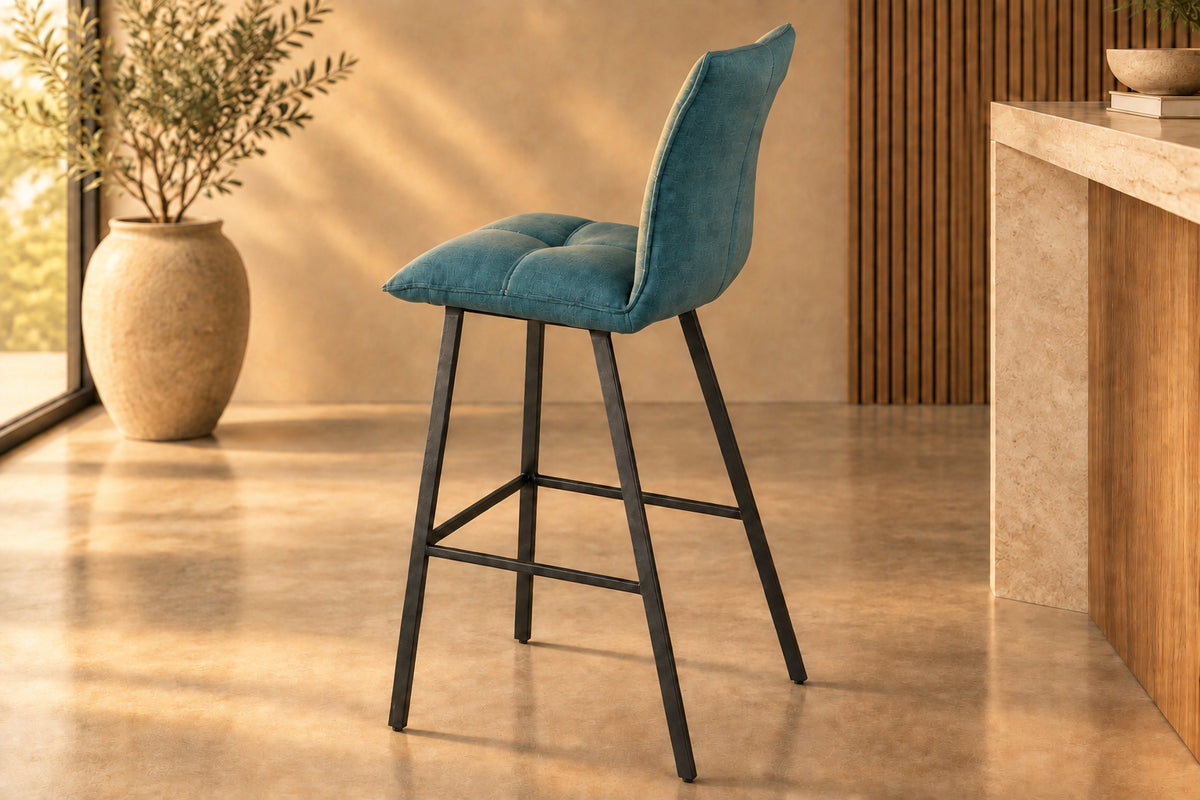 Chaise de bar confortable pieds métal tissu bleu - Souffle d'intérieur