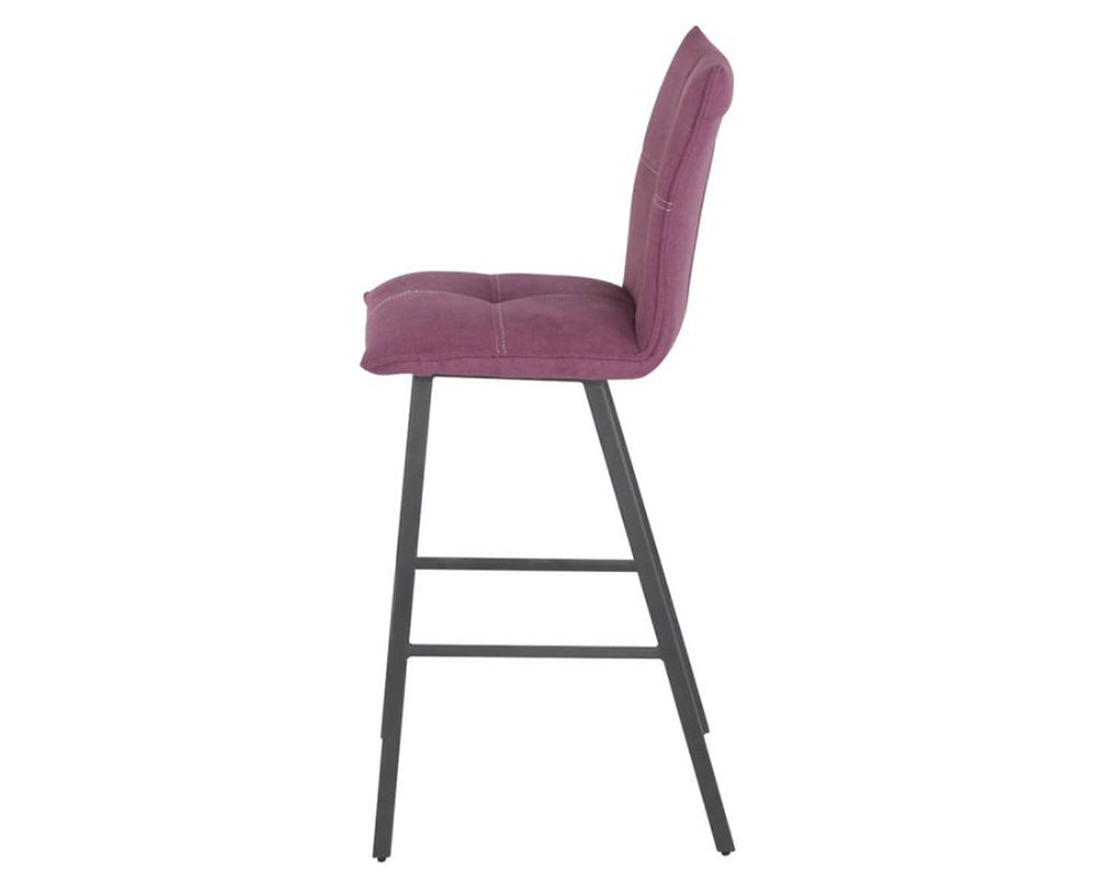 Chaise de bar Veronica – vue de profil – tissu violet – pieds métal peint