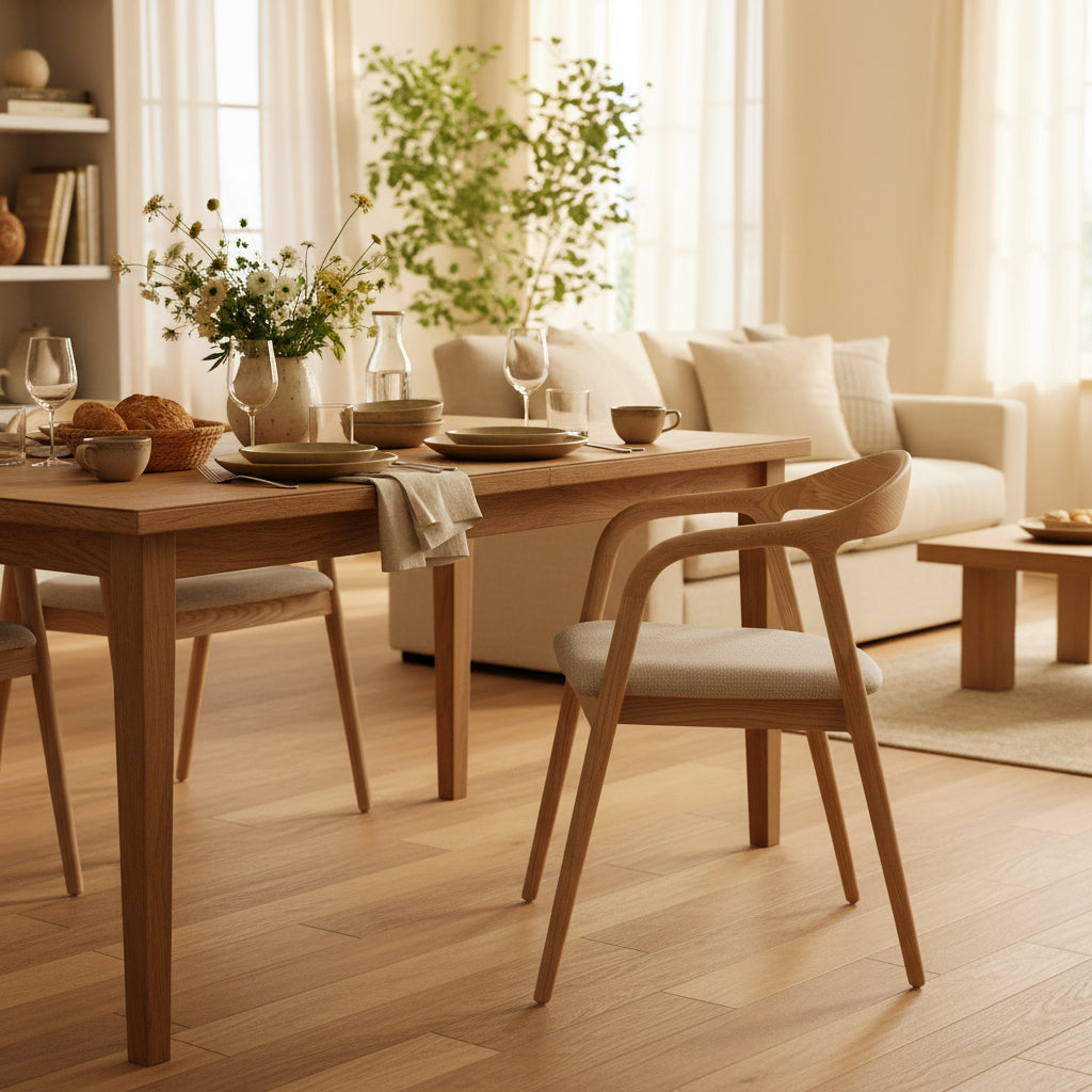 Chaise salle à manger Clany – vue 3/4 – tissu beige – bois de frêne naturel