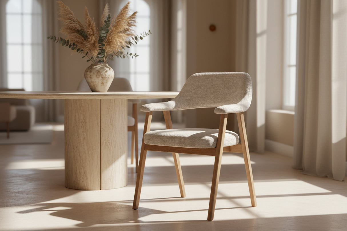 Chaise salle à manger bois Corail – vue 3/4 – tissu beige – pieds chêne massif