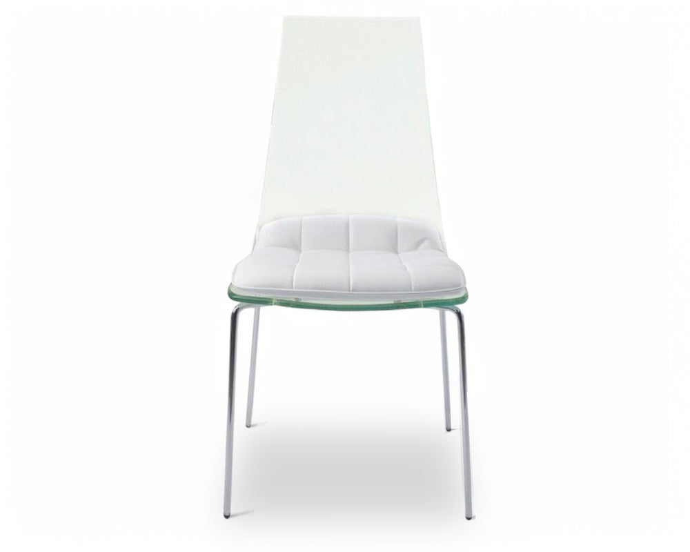 Chaises transparentes Angelina – vue de face – assise matelassée blanche – pieds métal blanche