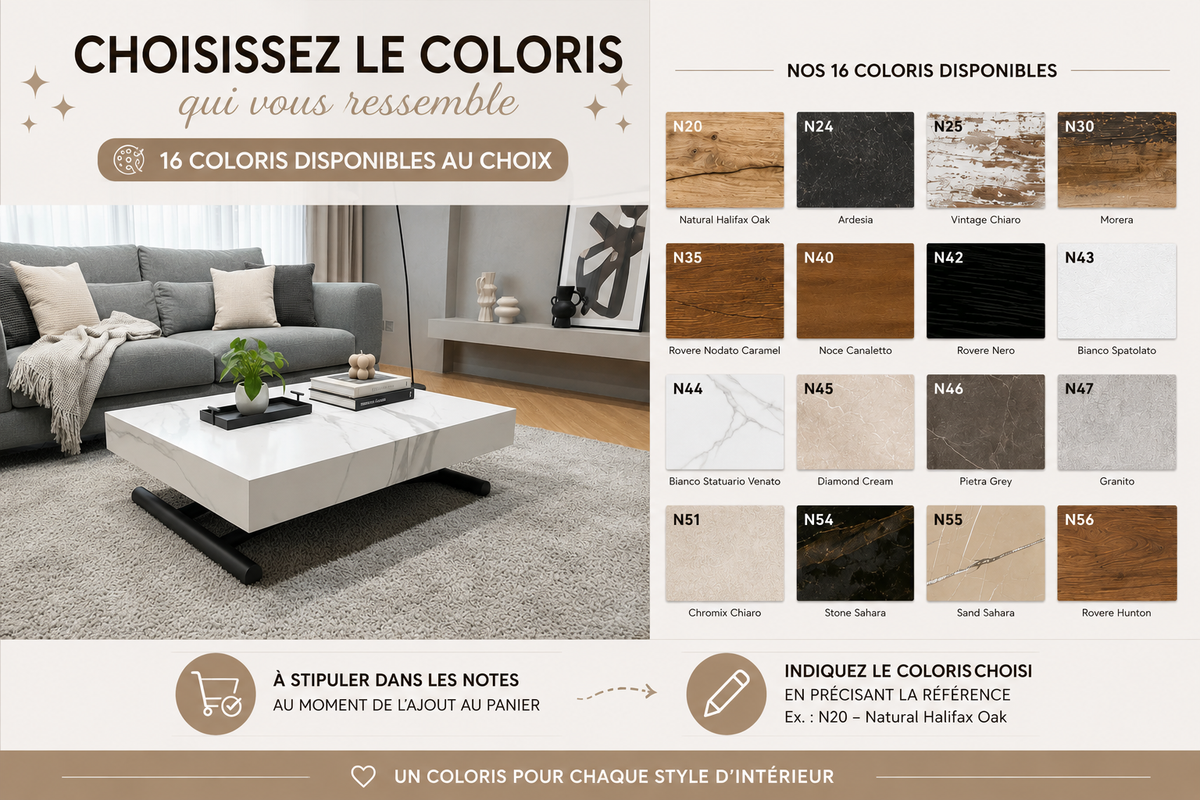 Table relevable extensible blanche marbre Cassio – nuancier des coloris disponibles