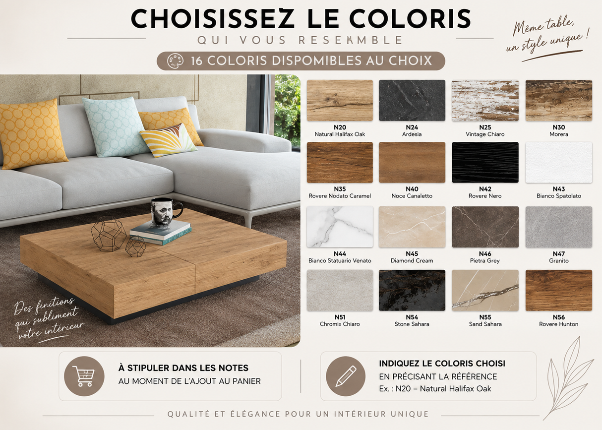 Table basse relevable extensible Steven – nuancier des coloris disponibles
