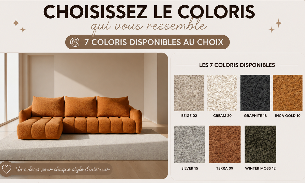 Canapé méridienne avance recule Thalassa Confortluxe – 7 coloris disponibles au choix