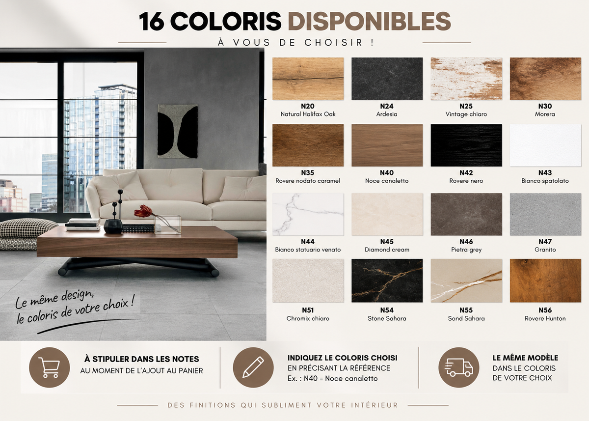 Table basse relevable et transformable Febo – nuancier des coloris disponibles
