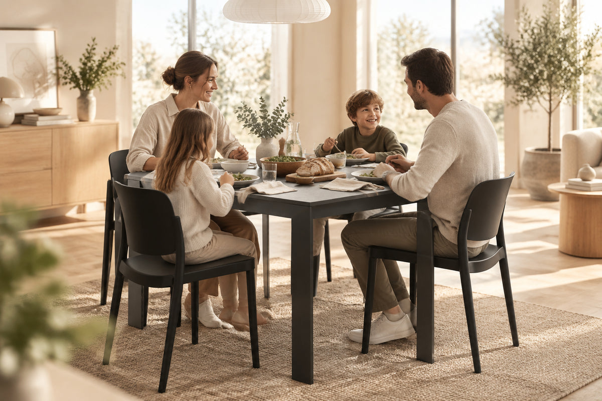Console Domino ouverte en table carrée 90 x 90 cm pour 4 personnes