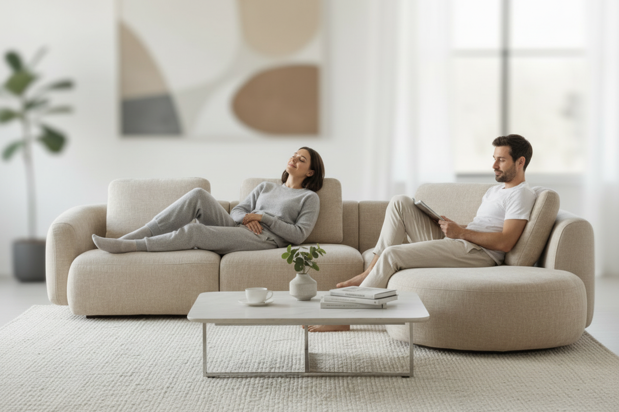 Couple détendu sur canapé beige confortable