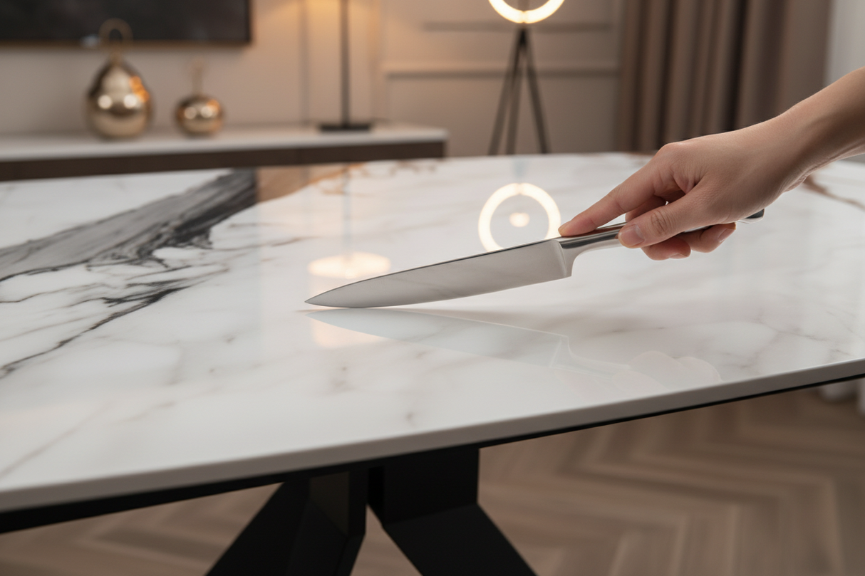 Démonstration de la résistance aux rayures de la céramique marbre blanc